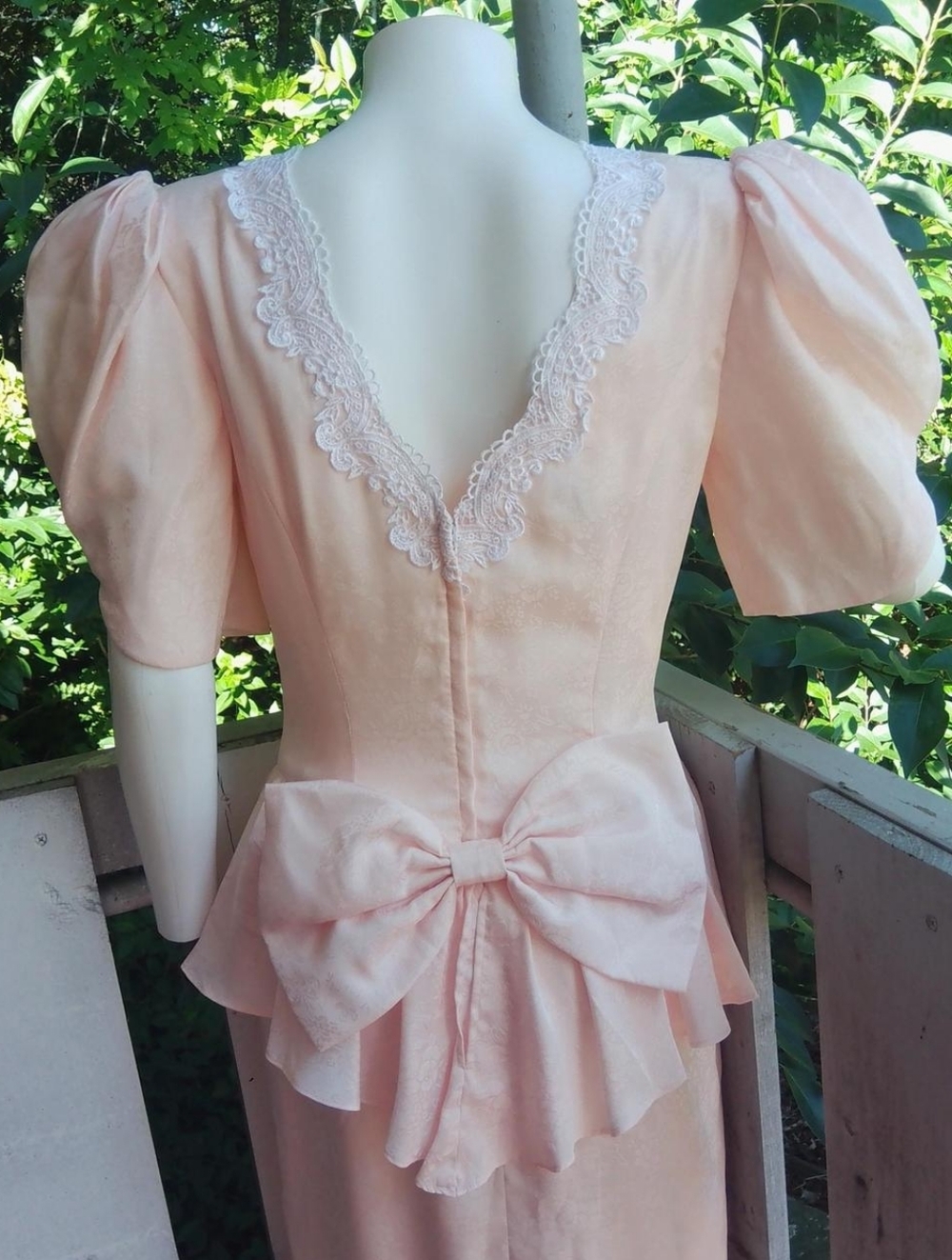 Scott McClintock 80s Coquette Lace Peplum Puff Sleeve Bow Satin Midi Dress - Picture 6 of 8